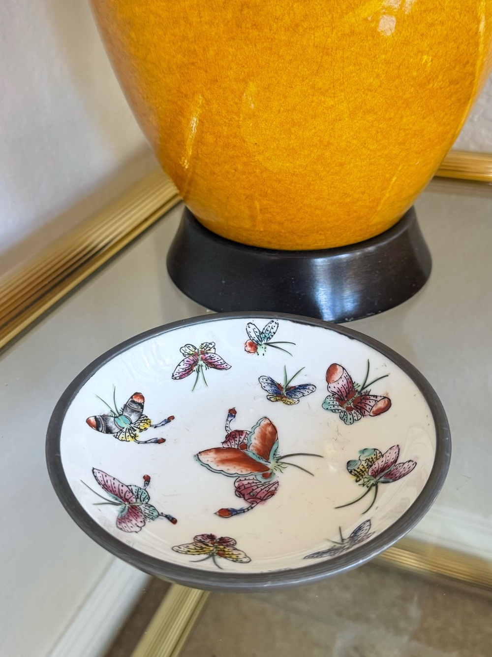 Vintage Japanese Famille Rose Style Butterfly Dish w/ Pewter Metal Rim